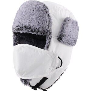 Men's White Trapper Hat Faux Fur Trooper Hunting Cap with Face Mask
